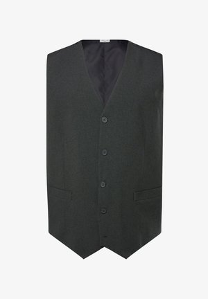 Gilet grigio con texture, scollatura a V, chiusura con cinque bottoni, due tasche laterali e una fodera interna liscia. Design a vestibilità regolare.