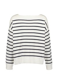 Pullover bianco con righe orizzontali blu navy. Polsini e bordo a coste. Design scollato sulla spalla. Morbida texture lavorata a maglia. Vestibilità rilassata.