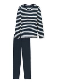 Marinblå och vit randig långärmad topp med V-ringning, tillsammans med enfärgade marinblå pyjamasbyxor. Tillverkad av mjukt bomullstyg.