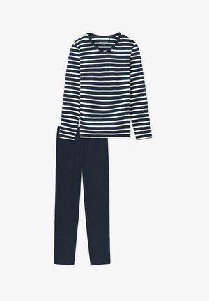 Granatowa i biała w paski bluzka z długim rękawem i dekoltem w serek, w połączeniu z jednolitymi granatowymi spodniami od piżamy. Wykonana z miękkiej bawełny.
