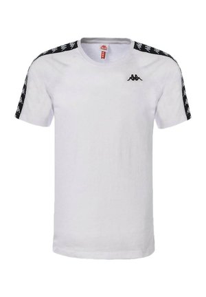 Camiseta blanca de tirantes cortos, hecha de algodón, con el logotipo negro de Kappa y rayas laterales negras con patrón. Cuello redondo y corte regular.