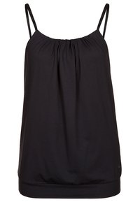 Sort ærmeløs top med samlet halsudskæring, elastisk kant, lavet af blødt stof. Har tynde stropper og et enkelt, minimalistisk design.