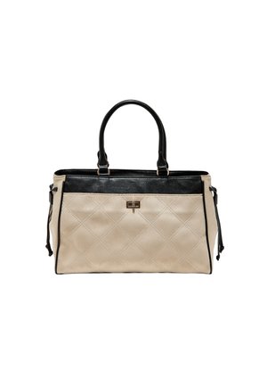 Sac à main beige avec anses noires et garniture supérieure, motif matelassé en losange, forme rectangulaire et petite fermeture métallique à l'avant.