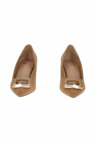 Scarpe con tacco alto in suede beige con punte appuntite e dettagli in metallo dorato sulla parte anteriore. Sottopiedi in pelle liscia visibili all'interno.