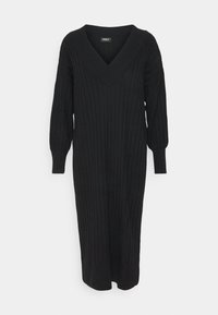 Robe en maille noire avec un col en V, une texture côtelée, des manches longues et une longueur mi-mollet, offrant une coupe décontractée pour le confort.