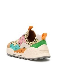 Multicolored sneaker featuring a mix of textures: leopard print, suede in green and orange, pink and gray accents, and a rubber outsole.