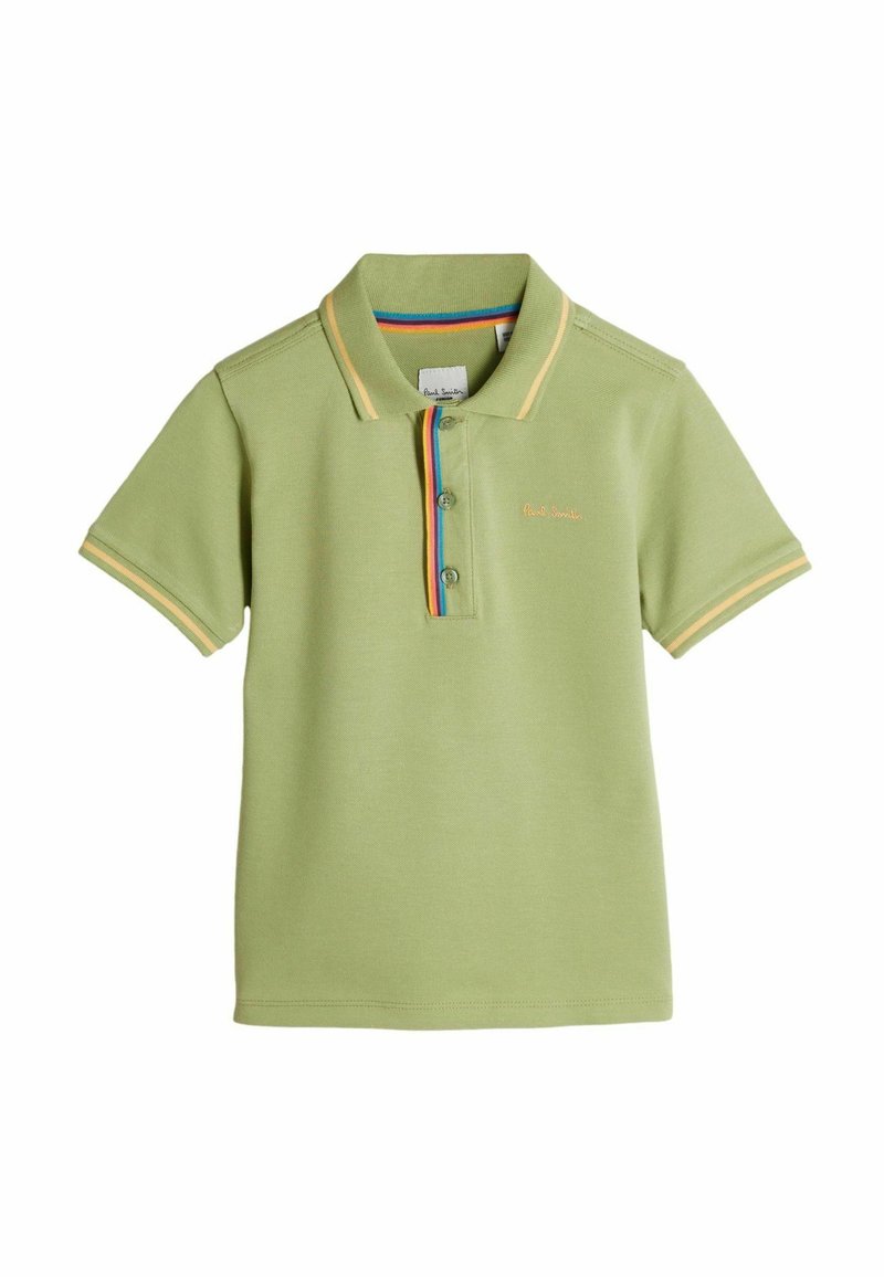 Polo verde in cotone, con colletto a tre bottoni, dettagli a contrasto nel colletto e nelle maniche, e logo del marchio ricamato.