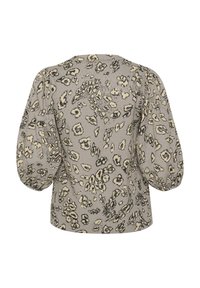 Graue Bluse mit einem Leopardenmuster in Schwarz und Beige. Verfügt über Puffärmel und eine lockere Passform. Leichter, texturierter Stoff. Rückansicht dargestellt.