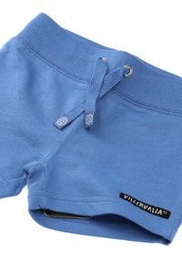 Blaue Baumwollshorts mit geripptem Bund, verstellbarem Kordelzug und einem Etikett mit dem Markennamen "Villervalla" am Saum.