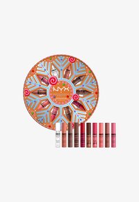 Cirkulær emballage med et ingef�ærbrød-design, der indeholder 10 forskellige lipgloss i nuancer af pink, nude og brun. Inkluderer en hvid gloss.