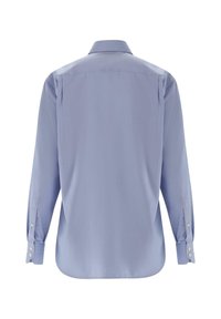 Hellblaues Langarmhemd mit klassischem Kragen, ausgestattet mit einer glatten Textur und geknöpften Manschetten, von hinten gezeigt.