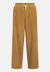 Corduroy trousers in a warm brown color with a relaxed fit, featuring an elastic waistband and a contrasting drawstring. Textured vertical stripes.