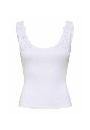 Witte nauwsluitende mouwloze top met brede bandjes en bloemige kanten details op de schouders.