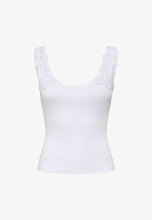 Witte nauwsluitende mouwloze top met brede bandjes en bloemige kanten details op de schouders.