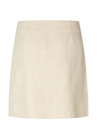Jupe mini en lin de couleur beige clair, présentant une coupe droite et des lignes épurées. Sans motifs ni accents visibles, avec une texture lisse.