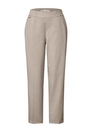 Pantalons beige à taille élastique avec une finition lisse et texturée. Design à jambe droite, avec des détails de couture subtils et sans poches visibles.