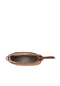 Brown synthetic leather bag with a zippered closure, tan interior lining, and an accent strap. The design is oval-shaped and compact.