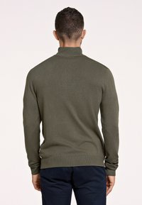 Groene gebreide trui met lange mouwen en een hoge nek. Het materiaal lijkt zacht en glad, met een getailleerd ontwerp en geribde manchetten.