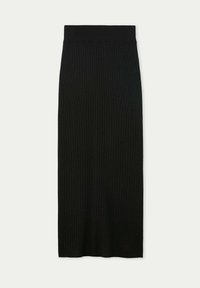 Jupe noire en tricot côtelé avec une taille ajustée et une silhouette longue et droite, présentant un motif texturé sur l'ensemble.
