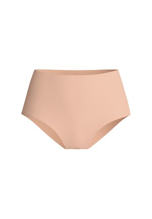 Culotte taille haute couleur nude en tissu lisse, avec un design sans couture et des ouvertures incurvées aux jambes pour plus de confort et de couverture.