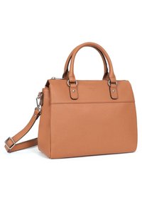 Borsa in pelle color marrone-rossiccio con manici superiori e una tracolla rimovibile. Presenta dettagli in metallo argentato e una finitura liscia e texture.