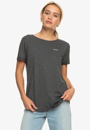 Grijze korte mouwen t-shirt van zachte stof, met een ronde halslijn en een klein wit "ROXY" logo op de borst.