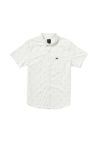 Chemise à manches courtes, boutonnée en tissu blanc avec un subtil motif géométrique en marron clair. Comprend une poche poitrine et un ourlet droit.