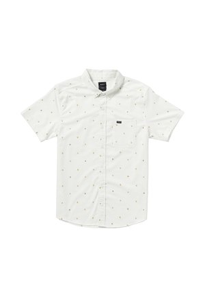 Chemise à manches courtes, boutonnée en tissu blanc avec un subtil motif géométrique en marron clair. Comprend une poche poitrine et un ourlet droit.