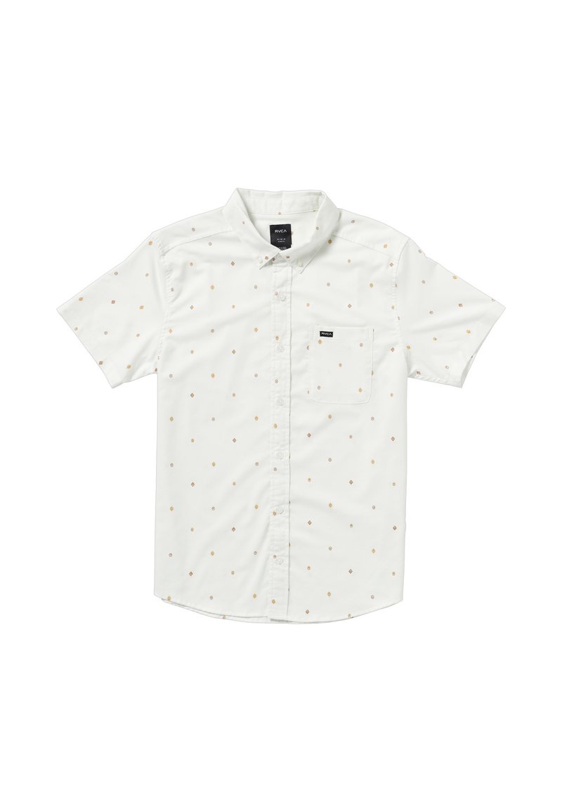 Chemise à manches courtes, boutonnée en tissu blanc avec un subtil motif géométrique en marron clair. Comprend une poche poitrine et un ourlet droit.
