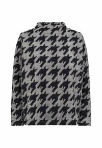 Grijze pullover met zwart hagelpatroon, zachte textuur en een opstaande kraag. Lange mouwen met een recht model.