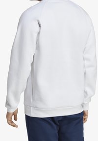 Bílá bavlněná mikina s kulatým výstřihem a dlouhými rukávy, s hladkou texturou a volným střihem. Bez viditelných značek nebo vzorů.