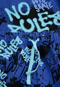 Niebieskie szorty z odważnym, czarnym nadrukiem w stylu graffiti z napisem "BRAK ZASAD" w jasnoniebieskim kolorze. Wykończone regulowanym turkusowym paskiem w talii.