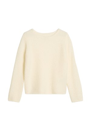Ivory sweter z dzianiny z długimi rękawami, okrągłym dekoltem i miękką, teksturowaną fakturą. Prosto cięty dół, zaprojektowany w luźnym fasonie.