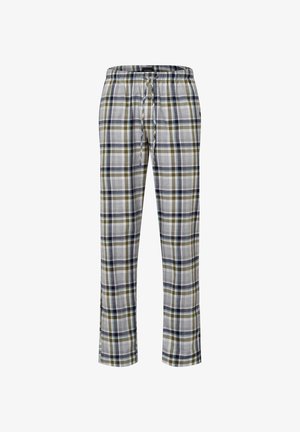 Housut pyjamas, joissa on ruutukuosi harmaana, tummansinisenä ja oliivinvihreänä. Materiaali on mukavaa, ja niissä on joustava vyötärö, jossa on nauha, sekä rento malli.