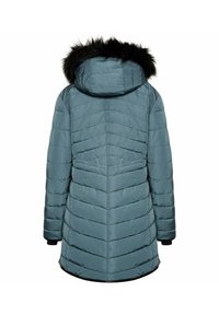 Daunenjacke mit Kapuze, helltürkisfarbig, mit schwarzem Fellbesatz. Chevron-gequiltetes Design, elastische Bündchen und Reißverschlussdetails am Saum.