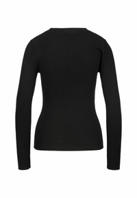Zwarte lange mouw ribbeltop met een ronde hals, met een aangesloten silhouet en een gladde textuur. Eenvoudig ontwerp zonder versieringen.