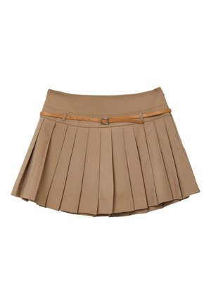 Gonna plissettata midi in tessuto marrone chiaro, con una vita liscia e una sottile cintura color sabbia con una fibbia metallica.