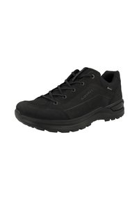 Schwarzer Sportschuh aus Wildleder und synthetischen Materialien. Verfügt über runde Schnürsenkel, gepolsterten Schaftrand und Gummisohle mit Traktionsrillen.