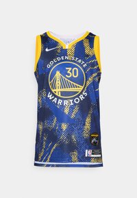 Golden State Warriors-drakt i blått og gult. Har mesh-stoff, v-hals, frontlogo og mønstre. Inkluderer NBA-merke på kanten.