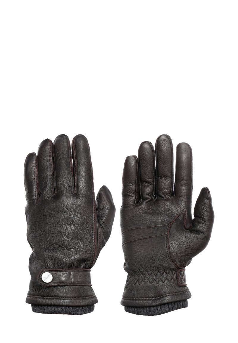 Läderhandskar i mörkbrun med sömdekorationer, texturerad yta, ribbad stickad mudd och en tryckknappslåsdetalj vid handleden.