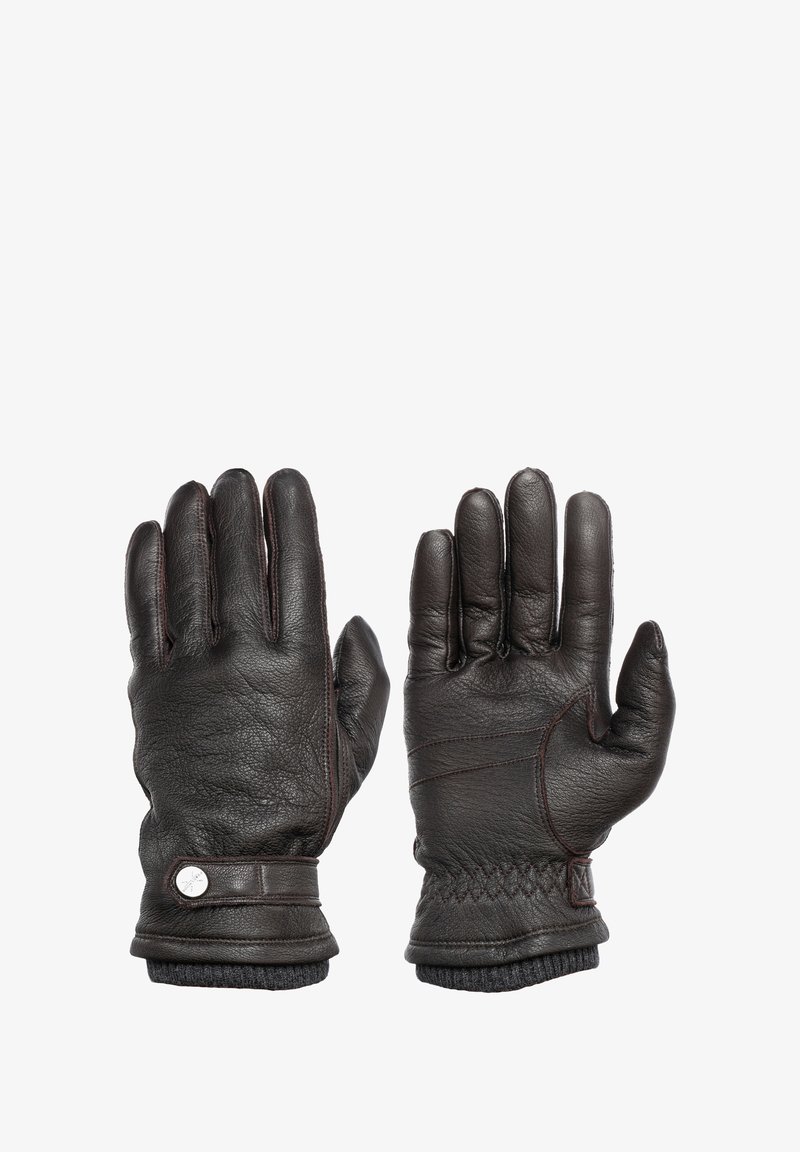 Tamsiai rudos odinės pirštinės su siuvinėtais akcentais, tekstūruota paviršiumi, su grioveliais megztu rankogaliu ir užsegimu riešo srityje.