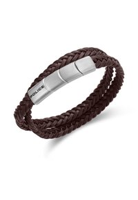 Bracciale in pelle intrecciata marrone con chiusura in tonalità argento e logo "POLICE" incassato. Strisce doppie creano un effetto stratificato.