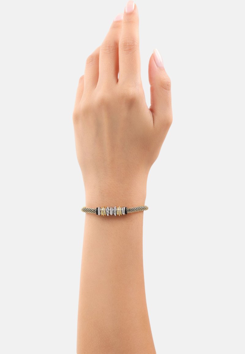 Bracciale oro e nero con accenti metallici e design in rete testurizzata, caratterizzato da perle circolari in tonalità argento e oro.