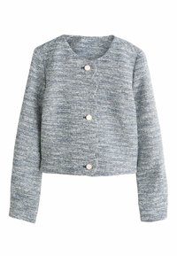 Szürke, texturált, rövidített dzseki hosszú ujjal, kerek nyakkivágással és négy világos színű gombbal az elején.