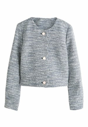 Szara teksturowana, krótka kurtka z długimi rękawami, z okrągłym dekoltem i czterema jasnymi guzikami z przodu.