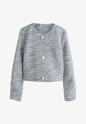 Hall tekstureeritud lühike jakk pikkade varrukatega, ümar kaelus ja neli heledat nuppu eest.