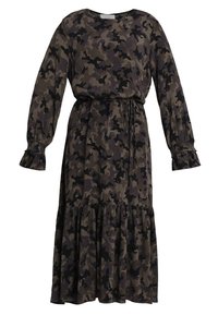 Långärmad klänning i kamouflage-mönster i nyanser av grön och svart, med en gathered midja, volangärmar och en utsvängd nederkant.
