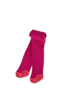 Calze fucsia al ginocchio con bordo arrotolato, punte in corallo a contrasto, realizzate in un materiale morbido e elasticizzato, con una superficie liscia.