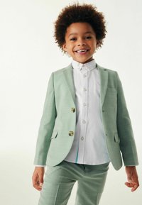 Blazer verde chiaro con due bottoni, abbinato a una camicia bianca con bottoni. Il completo presenta una trama liscia e motivi sottili.