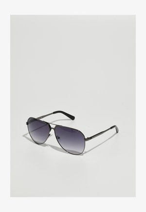 Aviator-Sonnenbrillen mit farbverlaufenden lila Gläsern, dünnem schwarzen Metallrahmen und eleganten schwarzen Acetat-Enden an den Bügeln.